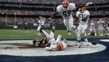 CLEVELAND, OH - SEPTEMBER 20: Mike Johnson #59 of the Cleveland Browns in action against the Pittsburgh Steelers during an NFL Football game September 20, 1987 at Cleveland Municipal Stadium in Cleveland, Ohio. Johnson played for the Browns from 1986-93. (Photo by Focus on Sport/Getty Images)