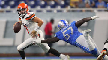 DETROIT, MI - AUGUST 30: Baker Mayfield #6 of the Cleveland Browns tries to escape the tackle of Cam Johnson #57 of the Detroit Lions during a preseason game at Ford Field on August 30, 2018 in Detroit, Michigan. (Photo by Gregory Shamus/Getty Images)