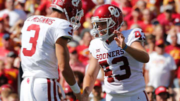 AMES, IA - SEPTEMBER 15: Place kicker Austin Seibert #43 of the Oklahoma Sooners celebrates with teammate quarterback Connor McGinnis #3 of the Oklahoma Sooners after kicking a flied goal in the first half of play at Jack Trice Stadium on September 15, 2018 in Ames, Iowa. .(Photo by David Purdy/Getty Images)