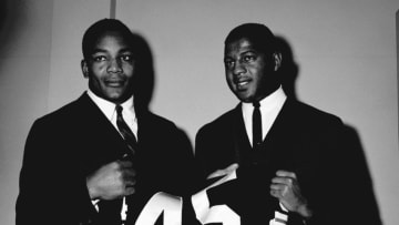 HIRAM, OH - JULY, 1961: (L to R) Runningbacks Jim Brown #32 and Ernie Davis #45, of the Cleveland Browns, poses together during training camp in July, 1961 at Hiram College in Hiram, Ohio. Both Brown and Davis were runningbacks at Syracuse University and wore uniform number 44. (Photo by: Henry Barr Collection/Diamond Images/Getty Images)