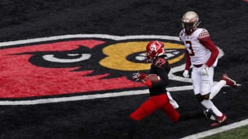 Louisville's Tutu Atwell scores a touchdown for the Cardinals against Florida State.10/24/20Louisville Flstate 18