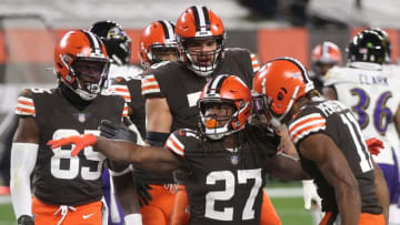 Browns running back Kareem Hunt (27) celebrates with teammates after scoring during the second half against the Baltimore Ravens, Monday, Dec. 14, 2020, in Cleveland, Ohio. [Jeff Lange/Beacon Journal]Browns 22