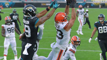 Cleveland Browns free safety Andrew Sendejo (23) intercepts a pass intended for Jacksonville Jaguars wide receiver Collin Johnson (19) on a two-point conversion attempt during late fourth quarter action. The Jacksonville Jaguars hosted the Cleveland Browns Sunday, November 29, 2020, at TIAA Bank Field in Jacksonville, Florida. The Jaguars trailed 13 to 17 at the end of the first half, took a short-lived lead in the third quarter but lost with a final score of 25 to 27 to the Browns. [Bob Self/Florida Times-Union]