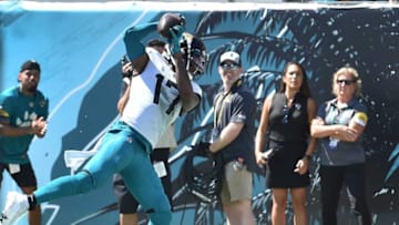 Jacksonville Jaguars wide receiver D.J. Chark (17) pulls in a pass in the end zone for a late second quarter touchdown. The Jacksonville Jaguars hosted the Arizona Cardinals at TIAA Bank Field in Jacksonville, FL Sunday, September 26, 2021. The Jaguars went into the half with a 13 to 7 lead. [Bob Self/Florida Times-Union]Jki 092621 Bsjagsvscardina 2