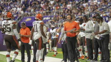 Oct 3, 2021; Minneapolis, Minnesota, USA; Cleveland Browns head coach Kevin Stefanski talks with players wide receiver Donovan Peoples-Jones (11) and wide receiver Ja'Marcus Bradley (84) during the first quarter at U.S. Bank Stadium. Mandatory Credit: Matt Blewett-USA TODAY Sports