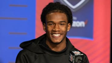 Mar 2, 2022; Indianapolis, IN, USA; Ohio State wide receiver Garrett Wilson talks to the media during the 2022 NFL Combine. Mandatory Credit: Trevor Ruszkowski-USA TODAY Sports