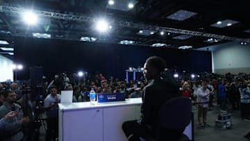 Mar 2, 2022; Indianapolis, IN, USA; Ohio State Buckeyes receiver Garrett Wilson speaks to the media during the NFL Combine at the Indiana Convention Center. Mandatory Credit: Kirby Lee-USA TODAY Sports