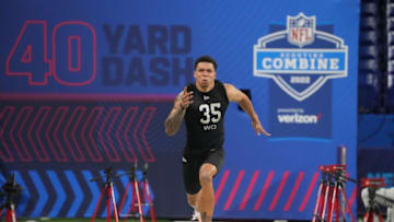 Mar 3, 2022; Indianapolis, IN, USA; North Dakota State wide receiver Christian Watson (WO35) runs the 40-yard dash during the 2022 NFL Scouting Combine at Lucas Oil Stadium. Mandatory Credit: Kirby Lee-USA TODAY Sports