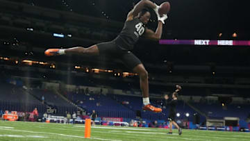 Mar 3, 2022; Indianapolis, IN, USA; Oklahoma wide receiver Mike Woods (WO40) goes through a drill during the 2022 NFL Scouting Combine at Lucas Oil Stadium. Mandatory Credit: Kirby Lee-USA TODAY Sports