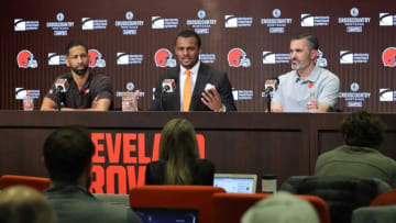 Cleveland Browns quarterback Deshaun Watson, center, takes questions from local media during his introductory press conference at the Cleveland Browns Training Facility on Friday.Watsonpress 6