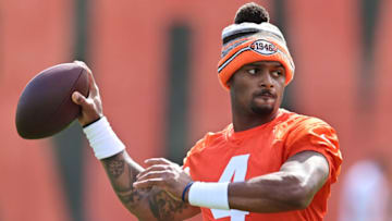 May 25, 2022; Berea, OH, USA; Cleveland Browns quarterback Deshaun Watson (4) throws a pass during organized team activities at CrossCountry Mortgage Campus. Mandatory Credit: Ken Blaze-USA TODAY Sports