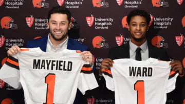 Apr 27, 2018; Berea, OH, USA; Cleveland Browns first round picks, Baker Mayfield (left) and Denzel Ward show off Browns jerseys during a press conference at the Cleveland Browns training facility. Mandatory Credit: Ken Blaze-USA TODAY Sports