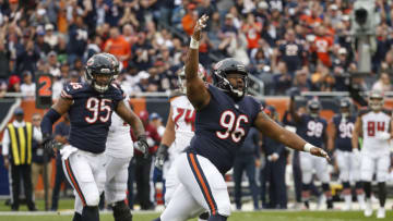 Sep 30, 2018; Chicago, IL, USA; Chicago Bears defensive end Akiem Hicks (96) reacts after the defensive play against the Tampa Bay Buccaneers during the first half at Soldier Field. Mandatory Credit: Kamil Krzaczynski-USA TODAY Sports
