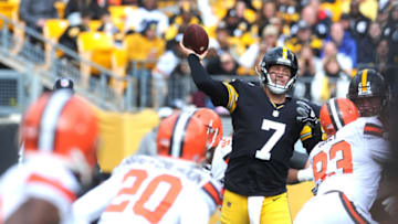 Oct 28, 2018; Pittsburgh, PA, USA; Pittsburgh Steelers quarterback Ben Roethlisberger (7) throws under pressure against the Cleveland Browns in the first quarter at Heinz Field. Mandatory Credit: Philip G. Pavely-USA TODAY Sports