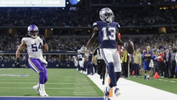 Nov 10, 2019; Arlington, TX, USA; Dallas Cowboys wide receiver Michael Gallup (13) scores a touchdown against Minnesota Vikings middle linebacker Eric Kendricks (54) in the second quarter at AT&T Stadium. Mandatory Credit: Tim Heitman-USA TODAY Sports
