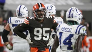 Cleveland Browns defensive end Myles Garrett (95) rests between plays during the fourth quarter of the NFL week 5 game at First Energy Stadium in Cleveland, Ohio, on Sunday, Oct. 11, 2020. The Browns won, 32-23.Indianapolis Colts At Browns At First Energy Stadium In Nfl Week 5 Cleveand Ohio Sunday Oct 11 2020