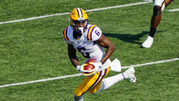 Oct 10, 2020; Columbia, Missouri, USA; LSU Tigers wide receiver Terrace Marshall Jr. (6) runs against the Missouri Tigers during the second half at Faurot Field at Memorial Stadium. Mandatory Credit: Jay Biggerstaff-USA TODAY Sports