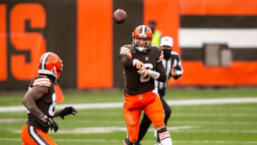 Nov 1, 2020; Cleveland, Ohio, USA; Cleveland Browns quarterback Baker Mayfield (6) throws the ball against the Las Vegas Raiders during the first quarter at FirstEnergy Stadium. Mandatory Credit: Scott Galvin-USA TODAY Sports
