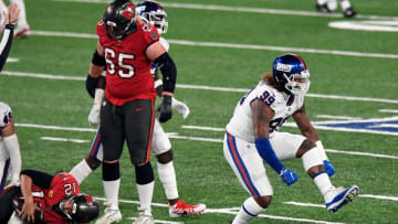 New York Giants defensive end Leonard Williams (99) reacts after sacking Tampa Bay Buccaneers quarterback Tom Brady (12) at MetLife Stadium on Monday, Nov. 2, 2020, in East Rutherford.Nyg Vs Tb