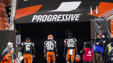Dec 14, 2020; Cleveland, Ohio, USA; Cleveland Browns quarterback Baker Mayfield (6) along with wide receiver Jarvis Landry (80) and wide receiver Rashard Higgins (82) walk back to the locker room following the team’s loss to Baltimore Ravens at FirstEnergy Stadium. Mandatory Credit: Scott Galvin-USA TODAY Sports