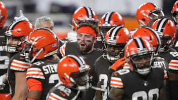 Browns quarterback Baker Mayfield (6) gets his team fired up before an NFL football game against the Baltimore Ravens, Monday, Dec. 14, 2020, in Cleveland, Ohio. [Jeff Lange/Beacon Journal]Browns 15 1
