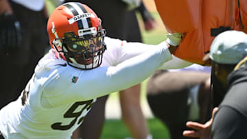 Jun 16, 2021; Berea, Ohio, USA; Cleveland Browns defensive end Myles Garrett (95) runs a drill during minicamp at the Cleveland Browns training facility. Mandatory Credit: Ken Blaze-USA TODAY Sports