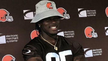 Cleveland Browns tight end David Njoku, a New Jersey native, talks to reporters before Friday's second joint practice session against the New York Giants in Berea, Ohio.David Njoku