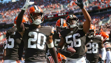 Cleveland Browns outside linebacker Malcolm Smith (56) celebrates with the defense after intercepting a pass thrown by Houston Texans quarterback Davis Mills (10) during the second half of an NFL football game, Sunday, Sept. 19, 2021, in Cleveland, Ohio. [Jeff Lange/Beacon Journal]Browns 11