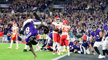 Sep 19, 2021; Baltimore, Maryland, USA; Baltimore Ravens quarterback Lamar Jackson (8) flips into the end zone for a fourth quarter touchdown against the Kansas City Chiefs at M&T Bank Stadium. Mandatory Credit: Tommy Gilligan-USA TODAY Sports