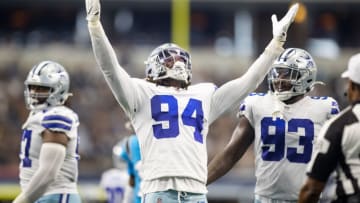 Oct 3, 2021; Arlington, Texas, USA; Dallas Cowboys defensive end Randy Gregory (94) celebrates against the Carolina Panthers at AT&T Stadium. Mandatory Credit: Mark J. Rebilas-USA TODAY Sports