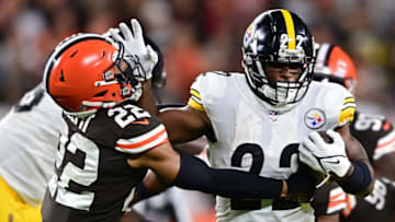 Sep 22, 2022; Cleveland, Ohio, USA; Pittsburgh Steelers running back Najee Harris (22) stiff arms Cleveland Browns safety Grant Delpit (22) during the first quarter at FirstEnergy Stadium. Mandatory Credit: David Dermer-USA TODAY Sports
