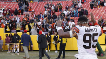 Jan 1, 2023; Landover, Maryland, USA; Cleveland Browns defensive end Myles Garrett (95) waves to fans while leaving the field after the Browns' game against the Washington Commanders at FedExField. Mandatory Credit: Geoff Burke-USA TODAY Sports