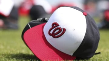 Feb 24, 2015; Viera, FL, USA; A Washington Nationals baseball cap lies on the field during spring training workouts at Space Coast Stadium. Mandatory Credit: Reinhold Matay-USA TODAY Sports