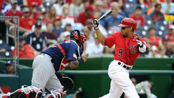 Jul 4, 2016; Washington, DC, USA; Washington Nationals center fielder Ben Revere (9) strikes out to during the sixth inning against the Milwaukee Brewers at Nationals Park. Mandatory Credit: Brad Mills-USA TODAY Sports