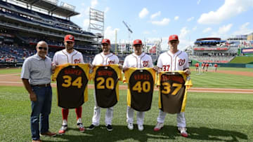 Jul 6, 2016; Washington, DC, USA; Washington Nationals general manager Mike Rizzo poses for a photo with right fielder Bryce Harper (34), second baseman Daniel Murphy (20), catcher Wilson Ramos (40) and starting pitcher Stephen Strasburg (37) after they were presented with their All Star jersey