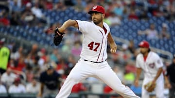 Jul 5, 2016; Washington, DC, USA; Washington Nationals starting pitcher Gio Gonzalez (47) throws to the Milwaukee Brewers during the third inning at Nationals Park. Mandatory Credit: Brad Mills-USA TODAY Sports