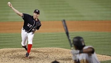 Jul 15, 2016; Washington, DC, USA; Washington Nationals starting pitcher Stephen Strasburg (37) pitches against Pittsburgh Pirates first baseman Josh Bell (55) in the eighth inning at Nationals Park. The Nationals won 5-1. Mandatory Credit: Geoff Burke-USA TODAY Sports