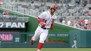 Jul 6, 2016; Washington, DC, USA; Washington Nationals right fielder Bryce Harper (34) rounds third base after hitting a three-run home run during the first inning off Milwaukee Brewers starting pitcher Matt Garza (not pictured) during the first inning at Nationals Park. Mandatory Credit: Tommy Gilligan-USA TODAY Sports
