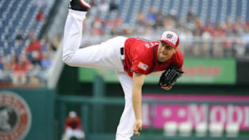 Jul 4, 2016; Washington, DC, USA; Washington Nationals starting pitcher Max Scherzer (31) throws to the Milwaukee Brewers during the second inning at Nationals Park. Mandatory Credit: Brad Mills-USA TODAY Sports