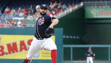 Jul 1, 2016; Washington, DC, USA; Washington Nationals starting pitcher Tanner Roark (57) pitches against the Cincinnati Reds in the first inning at Nationals Park. Mandatory Credit: Geoff Burke-USA TODAY Sports
