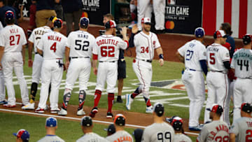 WASHINGTON, DC - JULY 17: Bryce Harper #34 of the Washington Nationals and the National League is introduced during the 89th MLB All-Star Game, presented by Mastercard at Nationals Park on July 17, 2018 in Washington, DC. (Photo by Patrick McDermott/Getty Images)