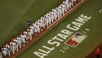 WASHINGTON, DC - JULY 17: Players line up for the national anthem prior the 89th MLB All-Star Game, presented by Mastercard at Nationals Park on July 17, 2018 in Washington, DC. (Photo by Win McNamee/Getty Images)