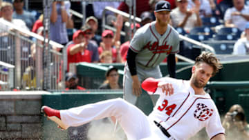 WASHINGTON, DC - JULY 22: Bryce Harper #34 of the Washington Nationals scores a first inning run against the Atlanta Braves at Nationals Park on July 22, 2018 in Washington, DC. (Photo by Rob Carr/Getty Images)