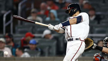 ATLANTA, GA - JULY 31: Kurt Suzuki #24 of the Atlanta Braves hits a two-run double down the third base line in the fourth inning during the game against the Miami Marlins at SunTrust Park on July 31, 2018 in Atlanta, Georgia. (Photo by Mike Zarrilli/Getty Images)