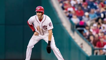 WASHINGTON, DC - AUGUST 02: Trea Turner #7 of the Washington Nationals leads off first base after hitting a two run single during the second inning at Nationals Park on August 02, 2018 in Washington, DC. (Photo by Scott Taetsch/Getty Images)