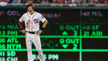 WASHINGTON, DC - AUGUST 02: Trea Turner #7 of the Washington Nationals looks on after stealing second base during the second inning at Nationals Park on August 02, 2018 in Washington, DC. (Photo by Scott Taetsch/Getty Images)
