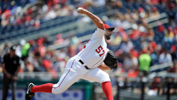 WASHINGTON, DC - AUGUST 05: Tanner Roark #57 of the Washington Nationals pitches in the first inning against the Cincinnati Reds at Nationals Park on August 5, 2018 in Washington, DC. (Photo by Greg Fiume/Getty Images)