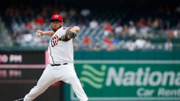 WASHINGTON, DC - AUGUST 07: Greg Holland #56 of the Washington Nationals pitches in the seventh inning against the Atlanta Braves at Nationals Park on August 7, 2018 in Washington, DC. (Photo by Patrick McDermott/Getty Images)