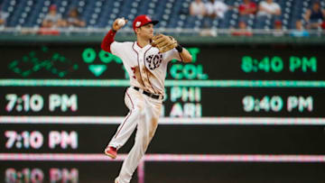 WASHINGTON, DC - AUGUST 07: Trea Turner #7 of the Washington Nationals turns a double play in the eighth inning against the Atlanta Braves at Nationals Park on August 7, 2018 in Washington, DC. (Photo by Patrick McDermott/Getty Images)