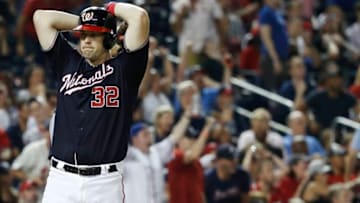 WASHINGTON, DC - AUGUST 07: Matt Wieters #32 of the Washington Nationals reacts after lining into a double play against the Atlanta Braves to end the game during game two of a doubleheader at Nationals Park on August 7, 2018 in Washington, DC. The Braves defeated the Nationals 3-1. (Photo by Patrick McDermott/Getty Images)